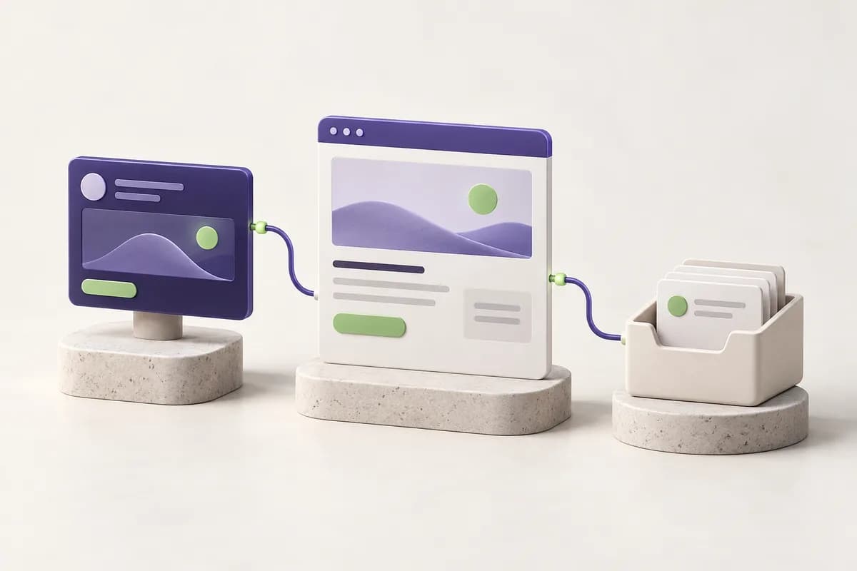 Conceptual 3D advertising journey connecting an advert, a landing page and a tray of customer enquiries.