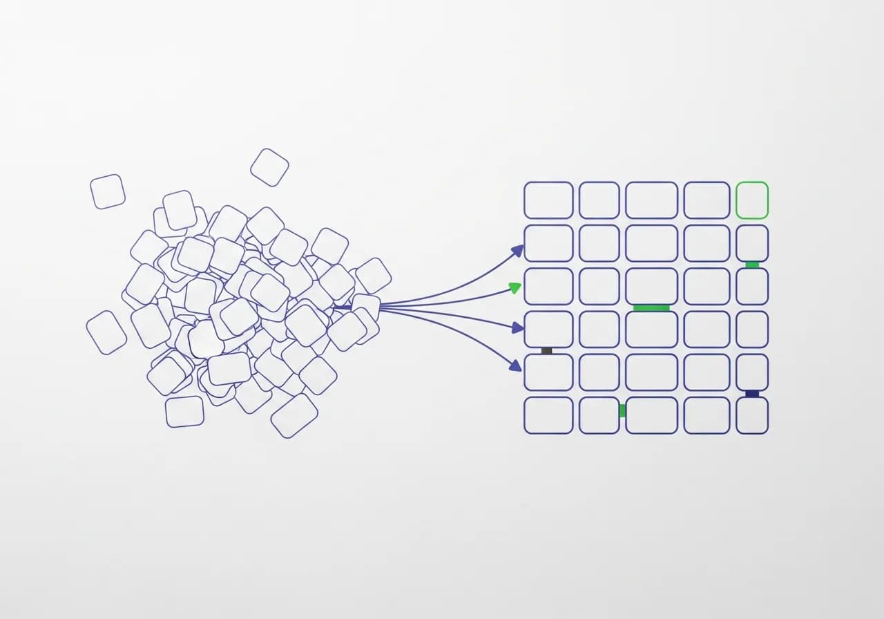 Abstract illustration of scattered blank cards funneling along violet lines into one orderly aligned grid