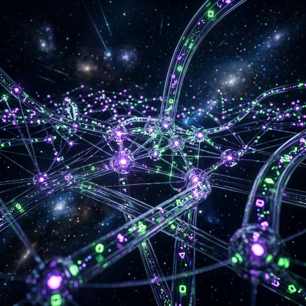 Dark futuristic 3D abstract illustration of a neural network data pipeline with glowing violet and green nodes