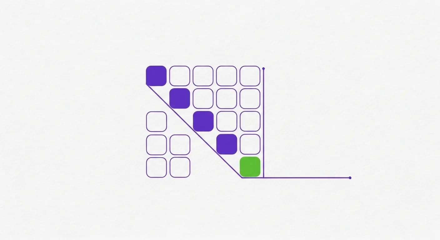 Abstract illustration of a grid of outlined squares with a diagonal of violet squares ending in one green square