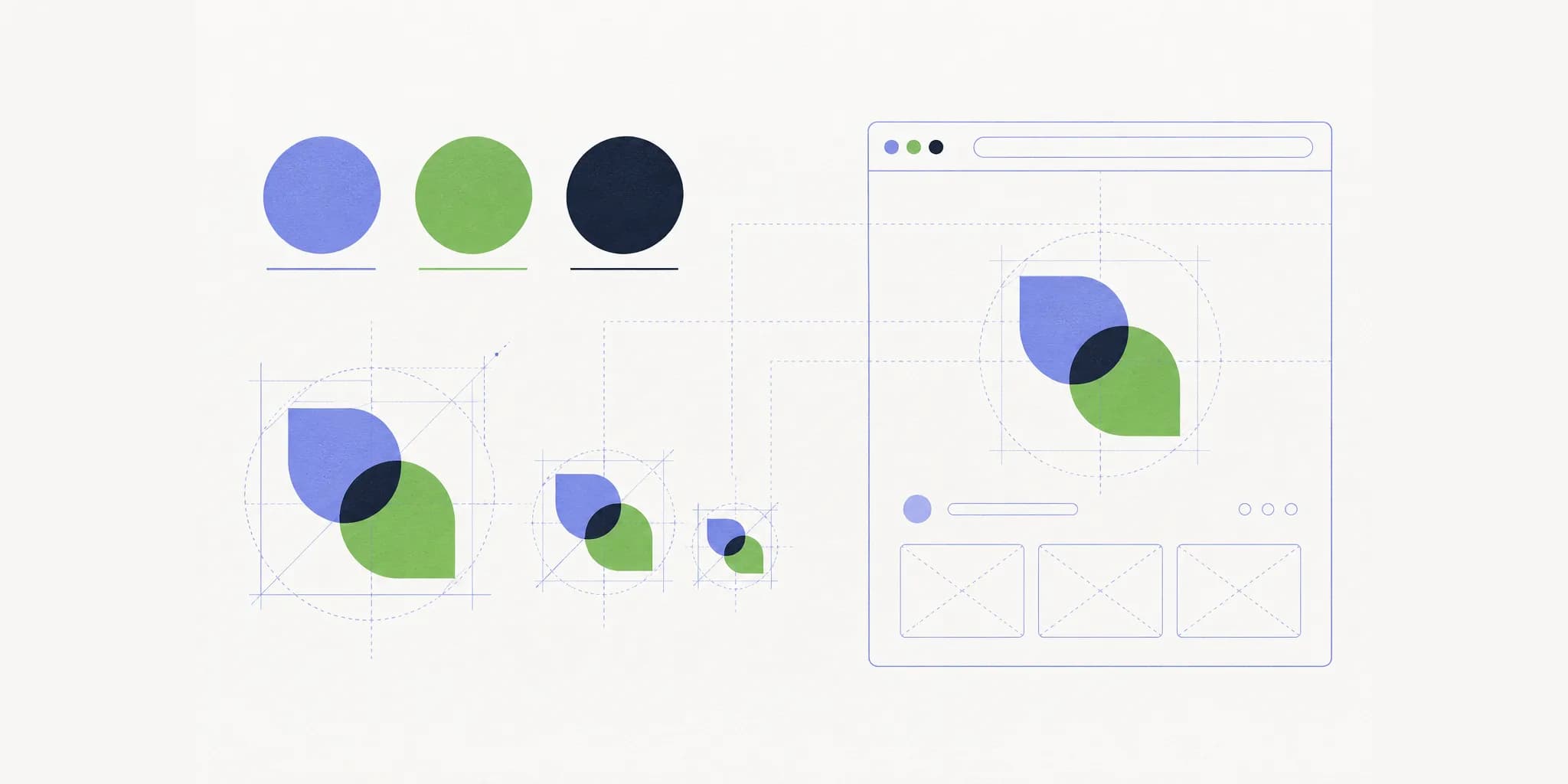 Illustration of brand colour swatches and a logo mark at three sizes guiding a website layout