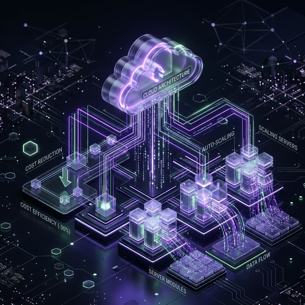 Dark futuristic 3D abstract illustration representing cloud computing architecture and cost reduction