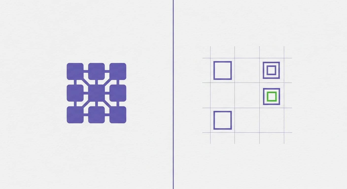 Abstract illustration contrasting a tight cluster of violet nodes with loose nodes slotting into a faint lattice grid