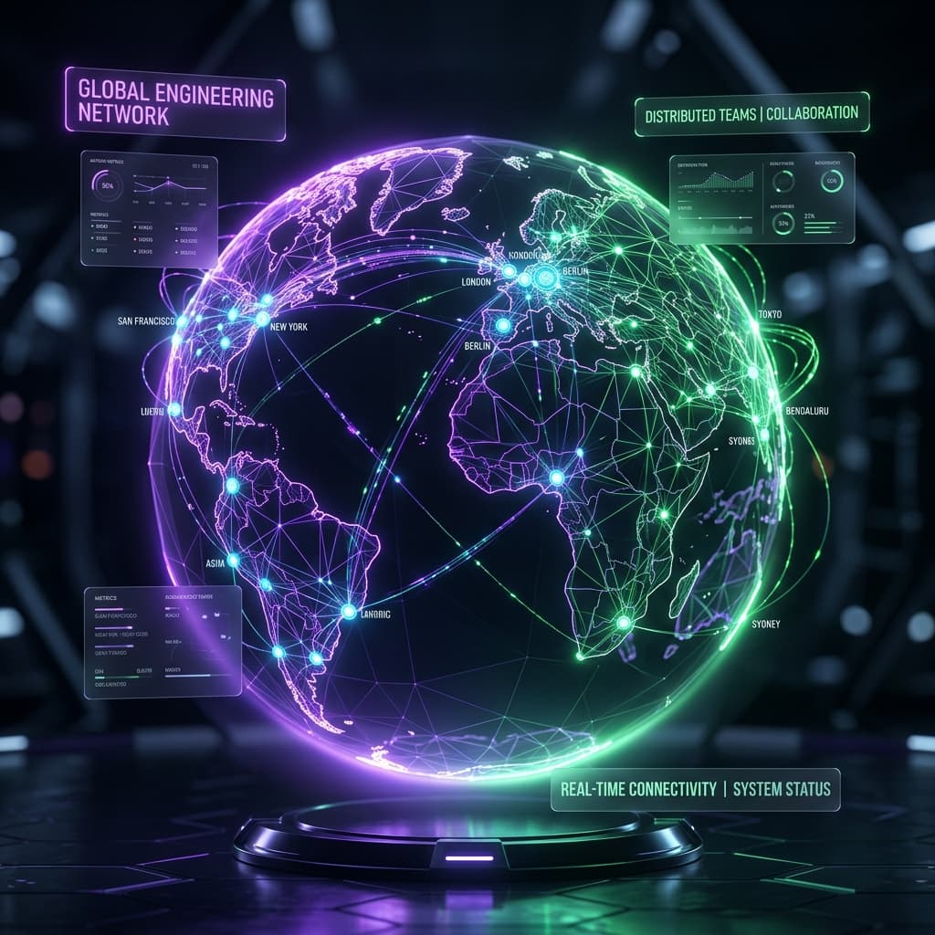 Dark futuristic 3D abstract wireframe globe representing a global distributed engineering team