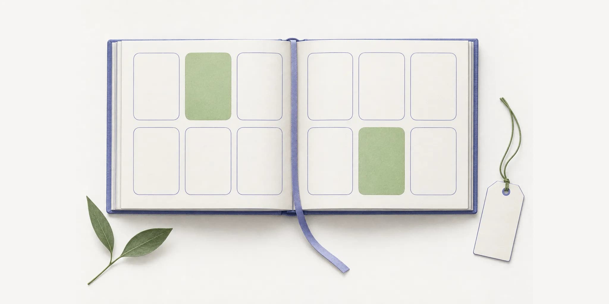 Illustration of an open photo book with blank photo frames, a ribbon bookmark and a gift tag
