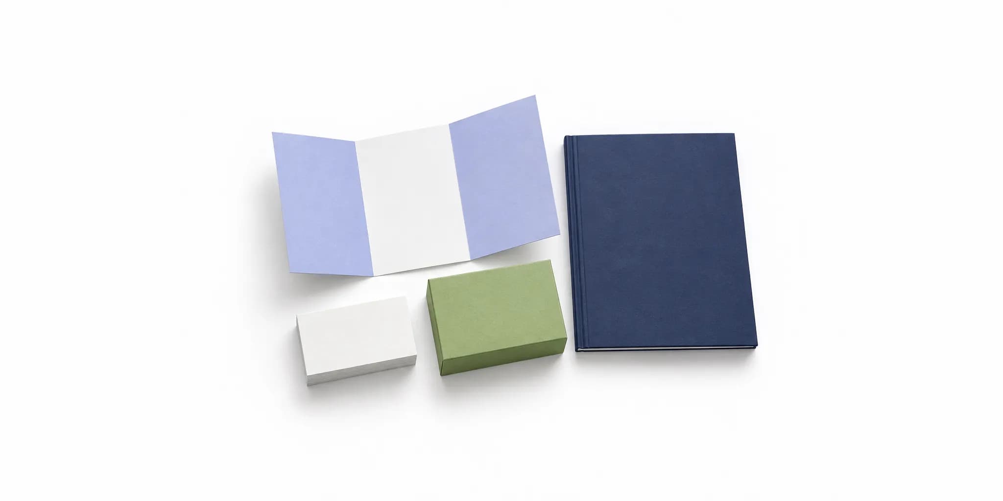 Illustration of a blank tri-fold brochure, business cards, a green product box and a bound company profile