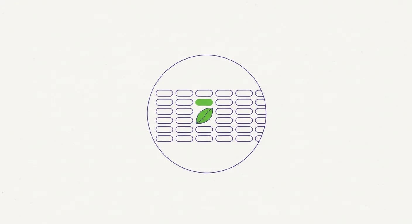 Abstract illustration of a thin violet circle magnifying rows of small rectangles with one highlighted in green