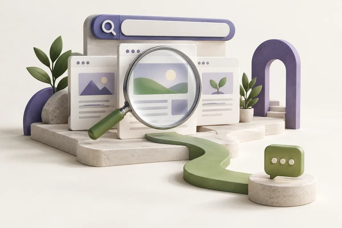 Conceptual 3D search bar and content pages with a magnifying glass and a path leading to a customer enquiry.